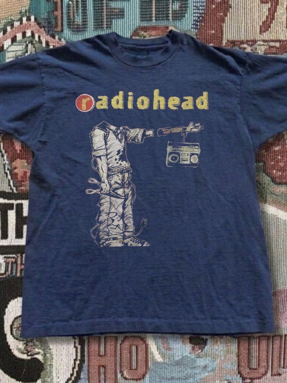 Gildan Navy Radiohead Graphic Tee with Yellow Red Accents